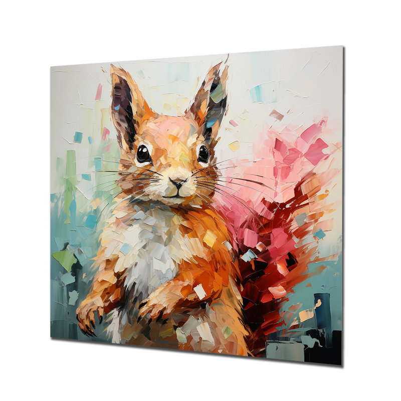 «Pink Squirrel Blooming I» - art mural en métal animal écureuil, H 16 po x l 16 po