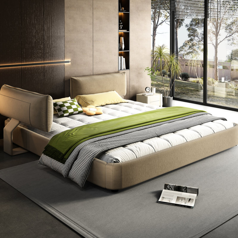 King Size Bed With Cloud - Like Experience, Oversized Padded Movable Headboard, Chenille Upholstered, Metal And Pine Wood Slat Double Support, No Box Spring, Camel, Support For Mattress Longevity
