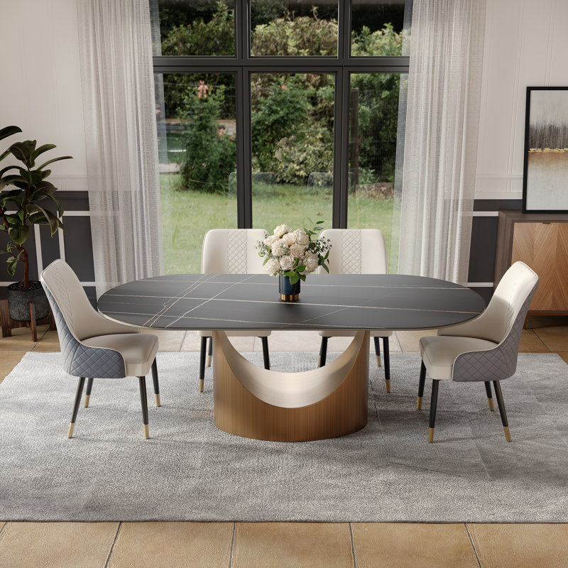 Table de salle à manger moderne minimaliste ovale avec plateau de table en pierre frittée, Noir