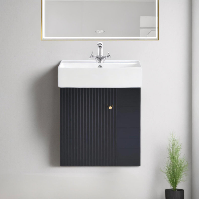21.6 inch Modern Floating Bathroom Vanity with Ceramic Basin - Perfect for Small Bathrooms, Right side storage, Black
