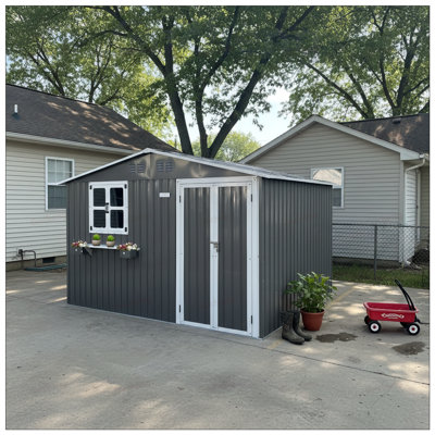 Outdoor Metal Storage Shed with Window, Flower Rack, Lockable Double Doors, Waterproof and Weatherproof for Backyard Patio