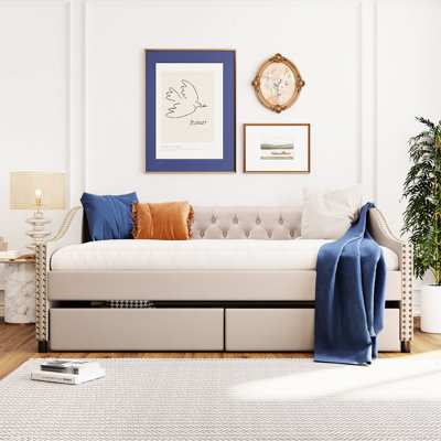 Daybed With Two Drawers In Elegant Beige & Wood Slat Construction - Add A Classy Touch To Your Home And Robust Structure Make Inviting