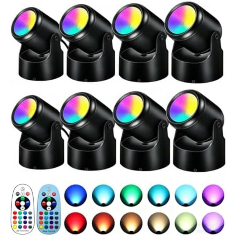 Projecteur d'intérieur RVB pour plantes, éclairage à DEL de 6 W avec télécommande et interrupteur au pied, éclairage décoratif à changement de couleur pour le mur, les œuvres d'art, la décoration de pièce et de fête, lampe de plancher à brancher, noir, paquet de 8
