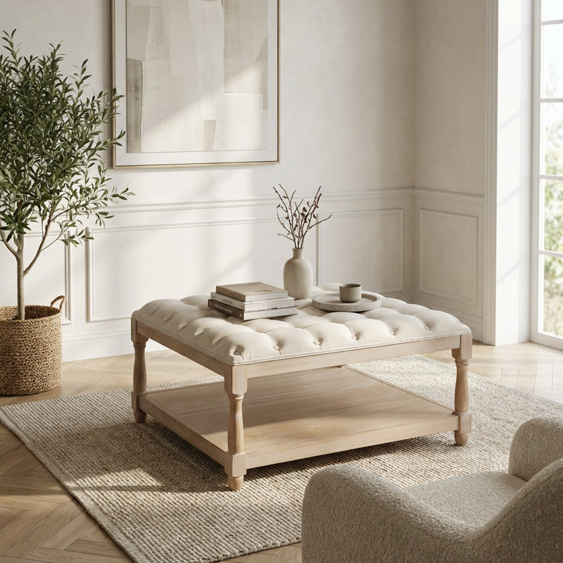 Grande table basse carrée avec repose-pieds et tablette de rangement