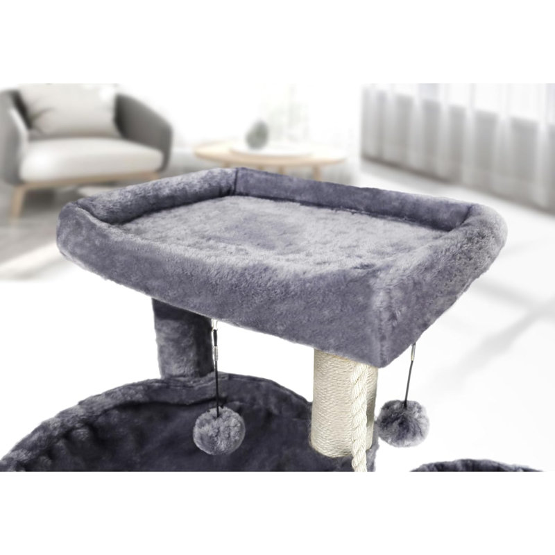 Arbre à chat à trois couches avec condo pour chat et deux hamacs, gris