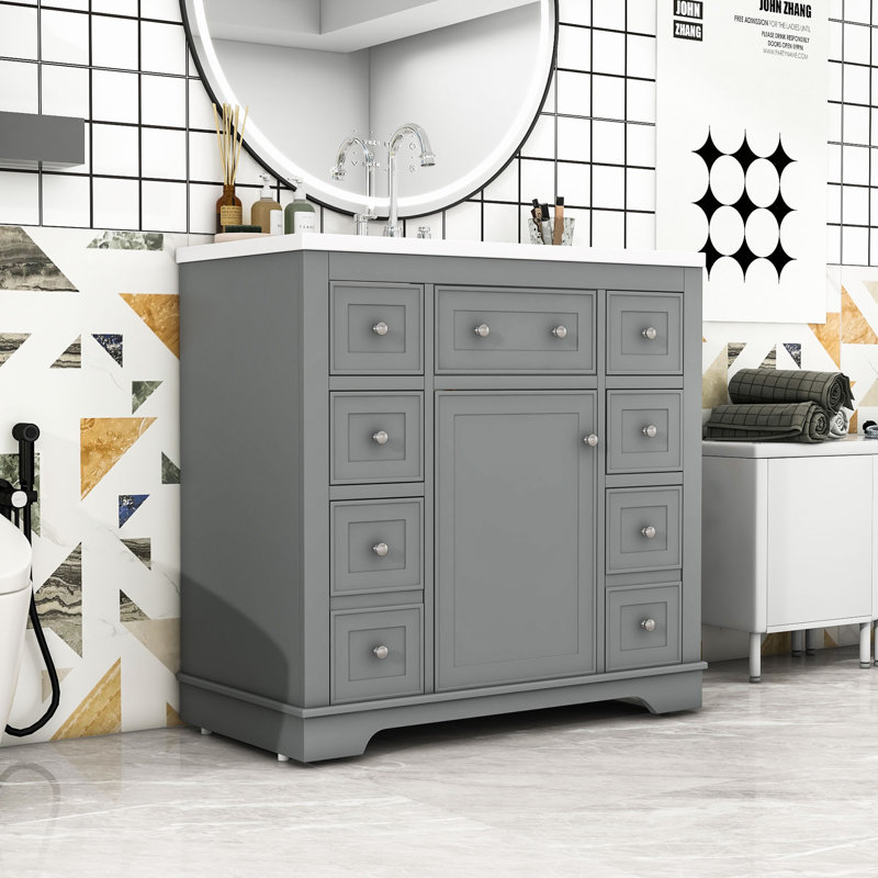 Meuble-lavabo autoportant moderne avec rangement réglable, Gris