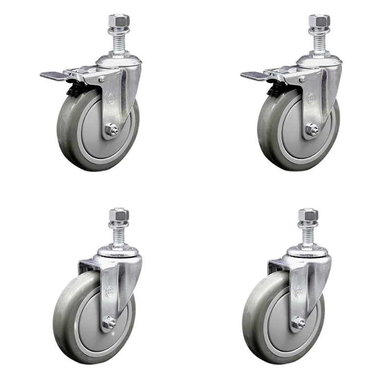 5 Inch SS Gray Polyurethane ½ Inch Threaded Stem Caster Set 2 Total Lock Brake