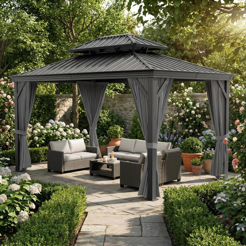 Outdoor Gazebo, 12' x 16' Hardtop Gazebos, Metal Frame Pavilion with Double Aluminum Roof, Mosquito Netting & Privacy Curtains for Patio, Garden, Deck
