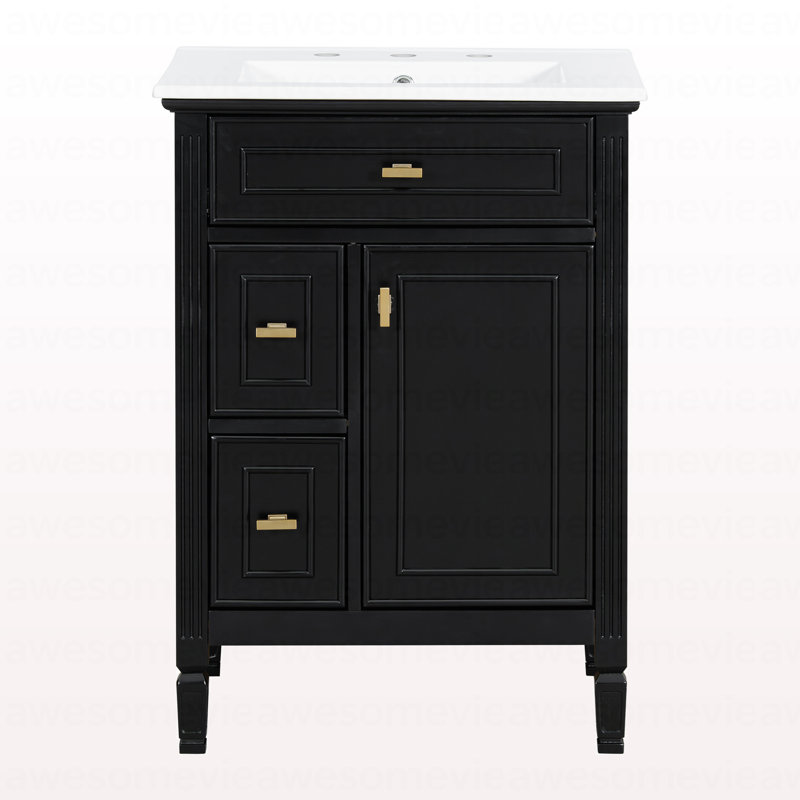 Meuble-lavabo de 24 po avec lavabo, armoire en bois massif et panneau de fibres à densité moyenne avec un tiroir rabattable, deux tiroirs standard et une tablette réglable, meuble-lavabo noir autoportant pour le rangement de la salle de bain