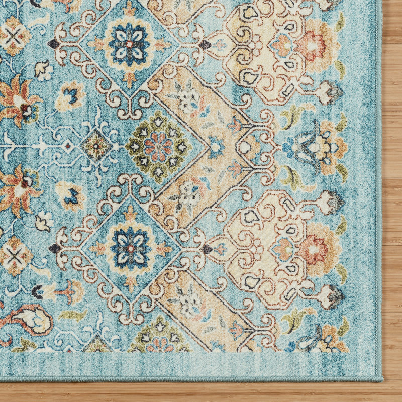 Samira Tanis Aqua Blue Gold Cream Multi Moroccan Bohemian Machine Washable Indoor Area Rug, Flat Pile for Living Room & Bedroom - Sage, 2x6 Runner