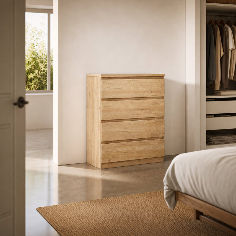 Commode compacte à 4 tiroirs avec tiroirs à poignée lisse, tiroirs à glissière lisse, construction robuste et anti-basculement