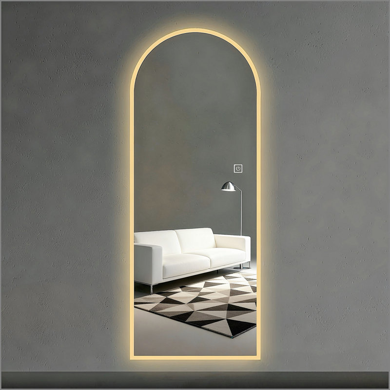65" x 21" LED Full Length Wall Mirror, Symmetrical Arch Design with Frosted Glass Border, Dimmable 3 Color Temperature Lighting, Copper-Free Silver Glass, Hardwired or Plug-In
