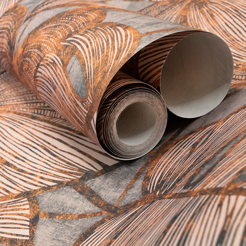 Thaler Large Shimmery Monstera Leaf 8.5m x 70cm Wallpaper Roll, Orange/Grey