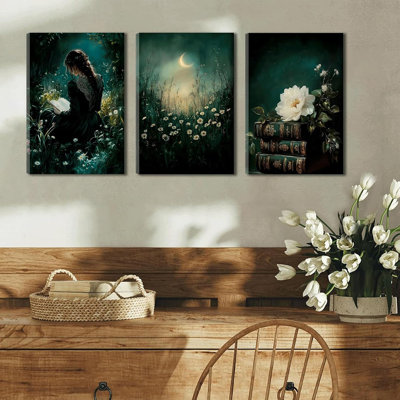 3 pièces foncé Académie toile Art rétro femme victorienne Moody lecture livre photos décoration murale gothique vert émeraude Halloween affiches pour chambre à coucher salon décoration de la maison