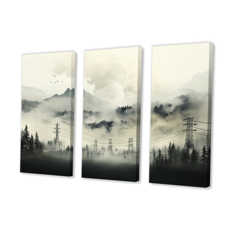 Stormy Ebony Edges Power Lines Fog Mountains - ensemble d'art mural lignes électriques, Toile tendue