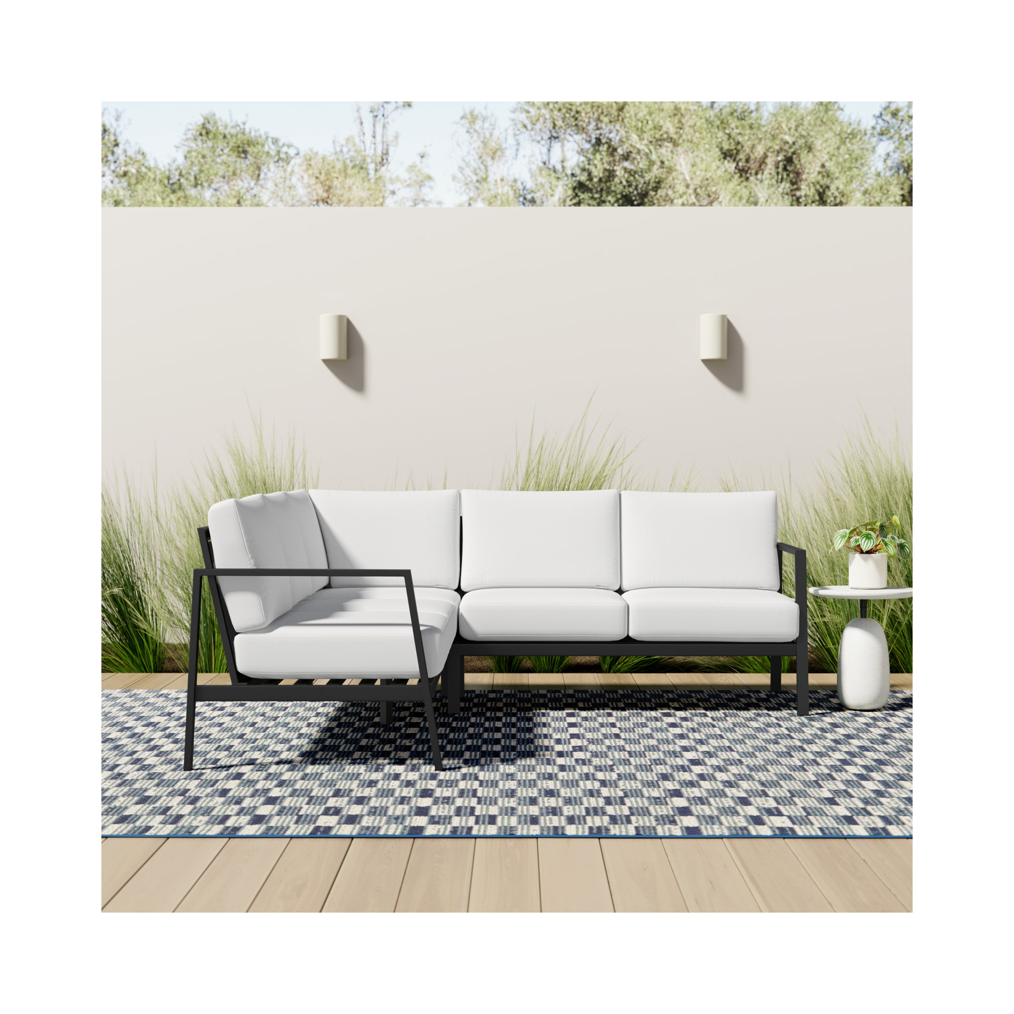 Armando 77.5'' Wide Triangle Aluminum Patio Sectional with Sunbrella® Cushions, Canvas Natural Sunbrella® Canvas, Black
