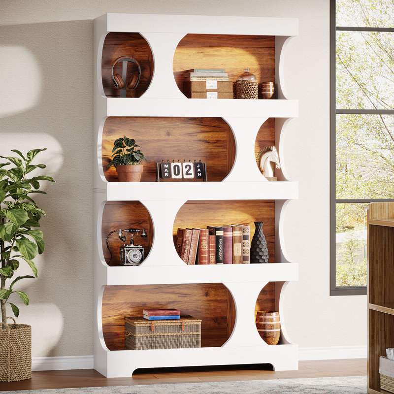 Bibliothèque à 4 niveaux, grande bibliothèque en bois 70,9 ", Jalal, White/Brown, 1