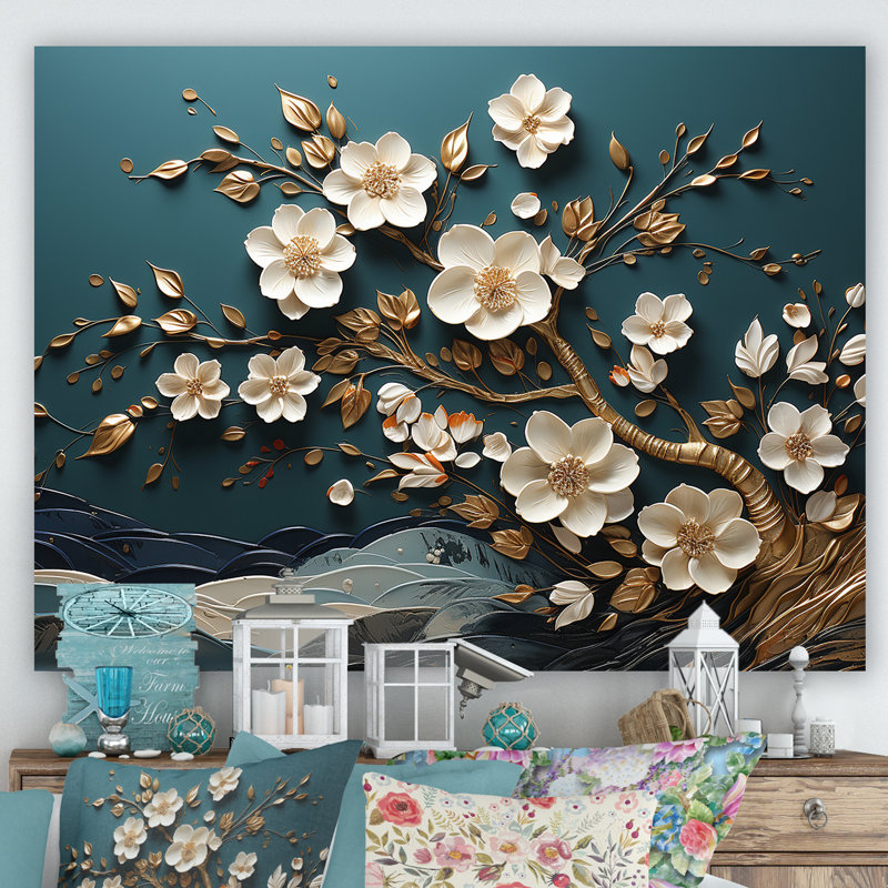 Blanc et or, charmante fleur de printemps Blooms III - Fleurs, art mural, Toile tendue, H 24 po x l 32 po x P 1 po