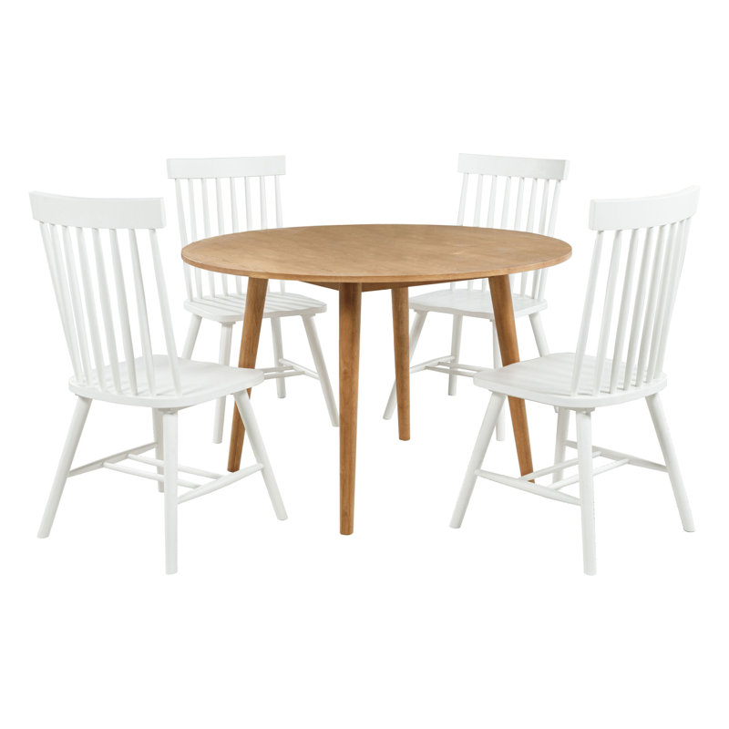Ensemble de salle à manger rond Finley 5 pièces, couleur frêne clair et blanc, avec 4 chaises Windsor et une table en hévéa massif, idéal pour la cuisine ou la salle à manger. Convient également à la cuisine.
