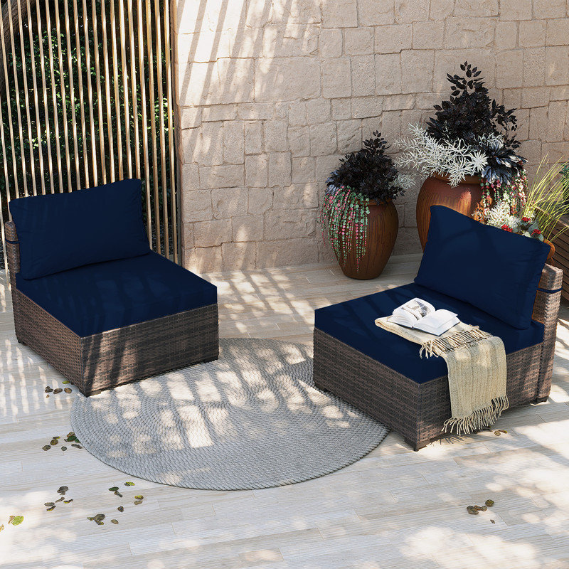 Pascaline Outdoor Armless Lounge Chair, Navy Blue, Brown