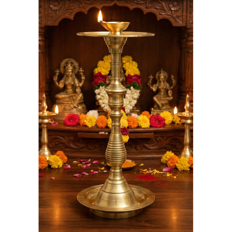 16" Brass Diya Stand – Handmade Multi-Tier Oil Lamp for Puja, Temple, and Spiritual Home Décor