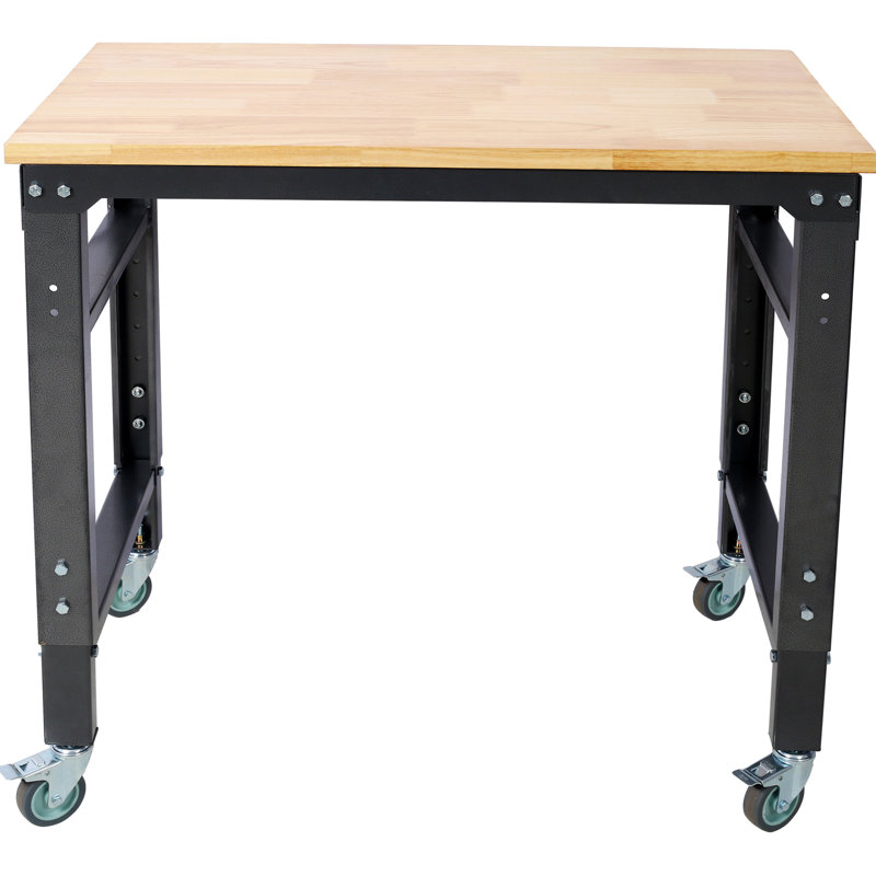 Établi - Établis roulants de garage de 35 po de largeur - Hauteur réglable, banc d'atelier, plateau en métal avec plateau en bois d'hévéa, pied martelé noir