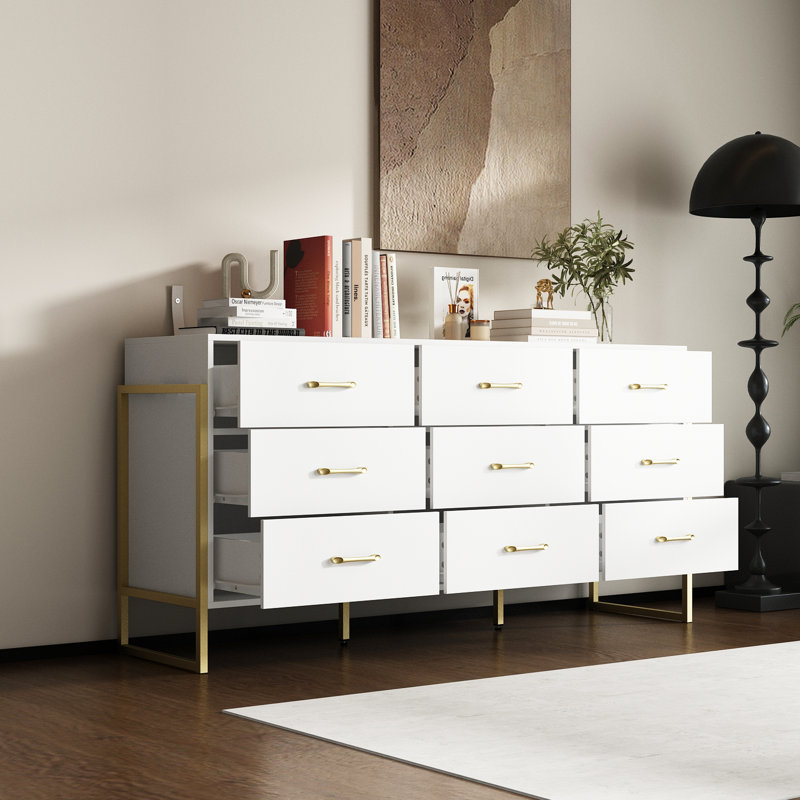 61.4"W Modern 9-Drawer Dresser With Gold Metal Accents, White