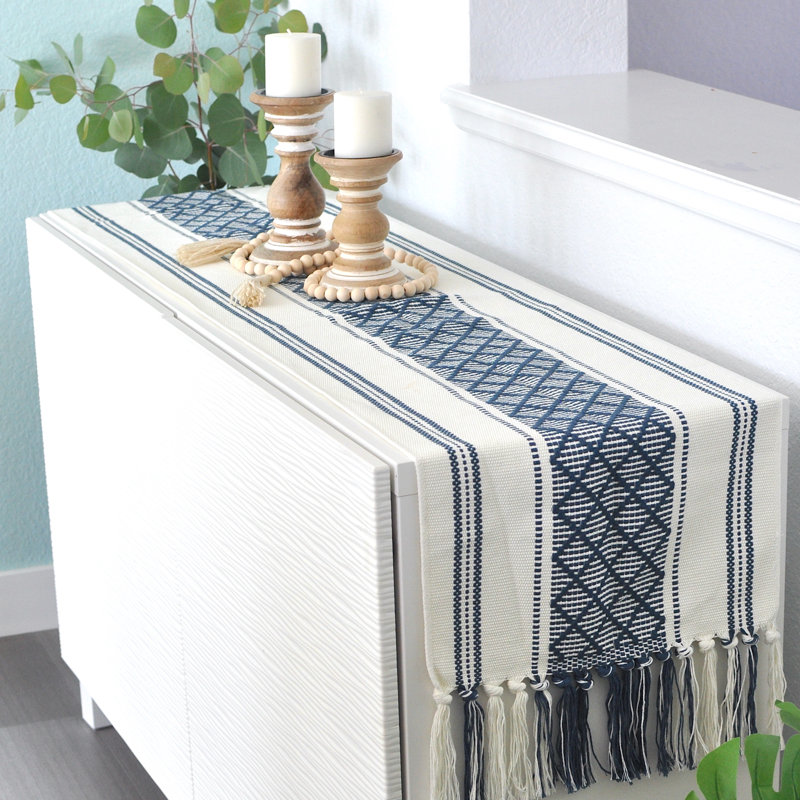 Boho Cotton Woven Table Runner With Tassels, 48" x 14", Blue/Cream