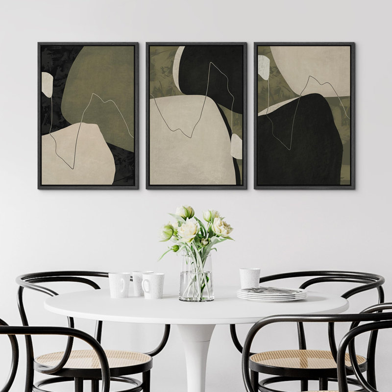 «Mid Century Modern Green Color Block Shapes Abstract Art Decor Chic Room Office», 3 pièces, Noir, H 36 po x l 24 po