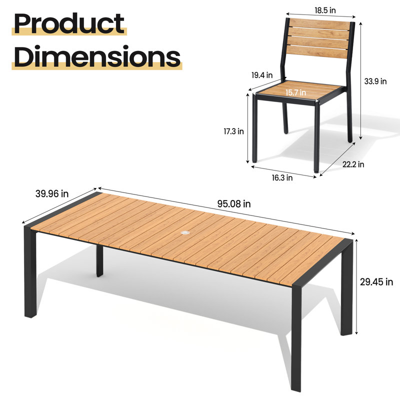 8 - Person 95'' W X 40'' D Aluminum Patio Dining Set With Umbrella Hole And Stackable Chairs, Brown