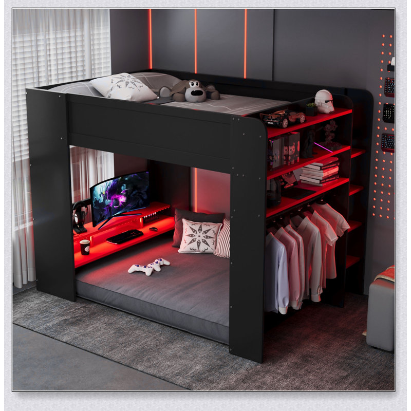 Lit superposé en bois avec bureau à hauteur réglable, garde-robe, grand espace de rangement et lumière RVB, Noir / Rouge
