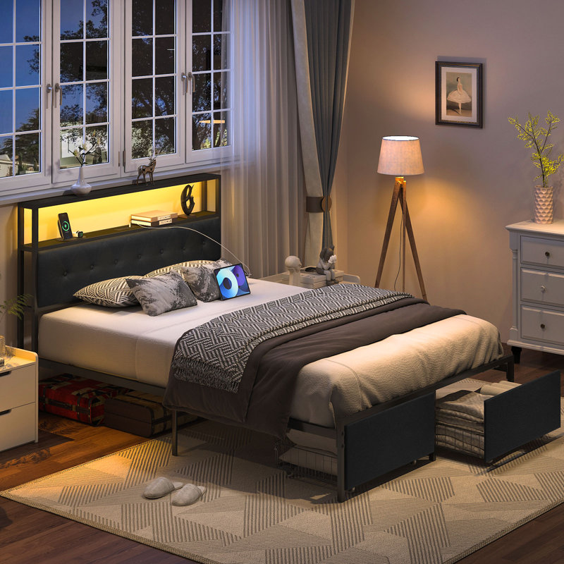 Lakeeya Bed Frame with Headboard, Metal Platform Bed Frame, Storage Bed with Charging Station, Queen