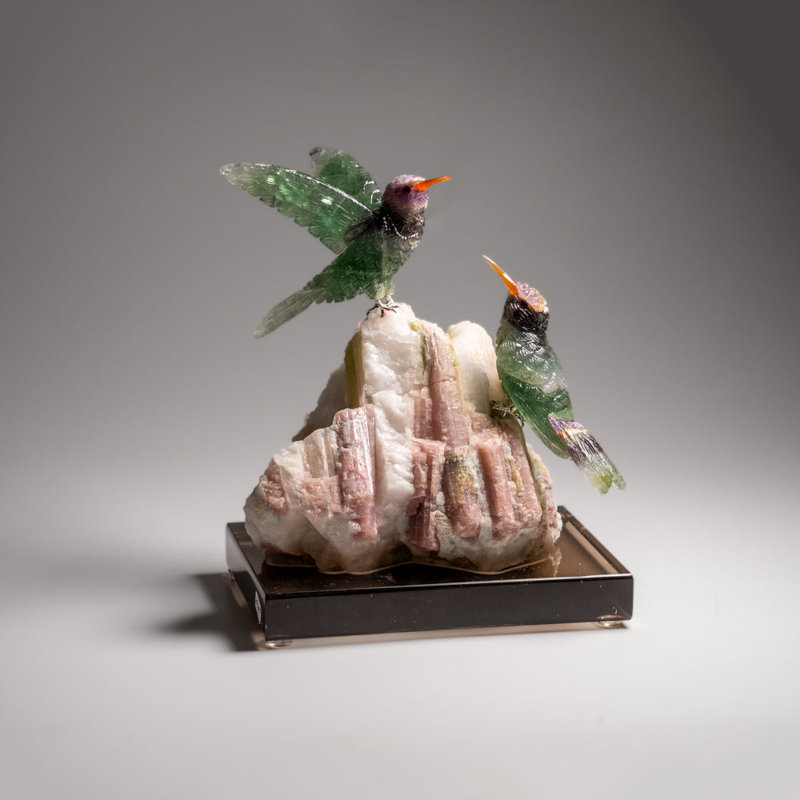 Genuine Hand Carved Fluorite Hummingbirds On A Watermelon Tourmaline In Quartz Matrix (8"H)