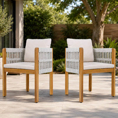 Ensemble de 2 chaises d'extérieur en bois d'acacia avec dossier en corde et coussins pour le patio