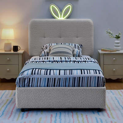 Kids Upholstered Bed with Oversized Rabbit Ear Headboard, LED Light and 4 Storage Drawers