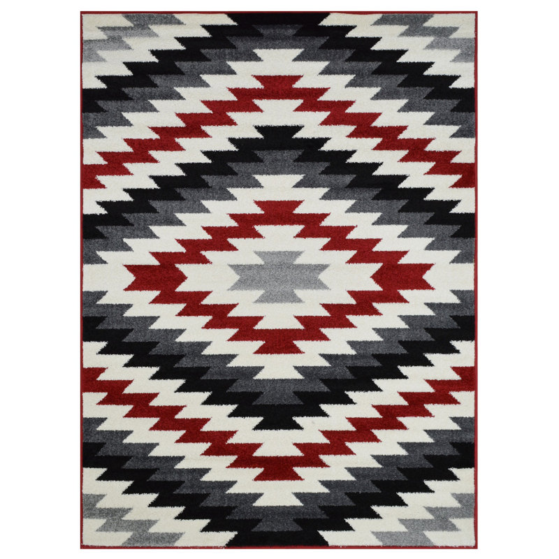 Tapis géométrique rouge/gris/noir zone Adreanna, Rectangle 7 pi 8 po x 10 pi