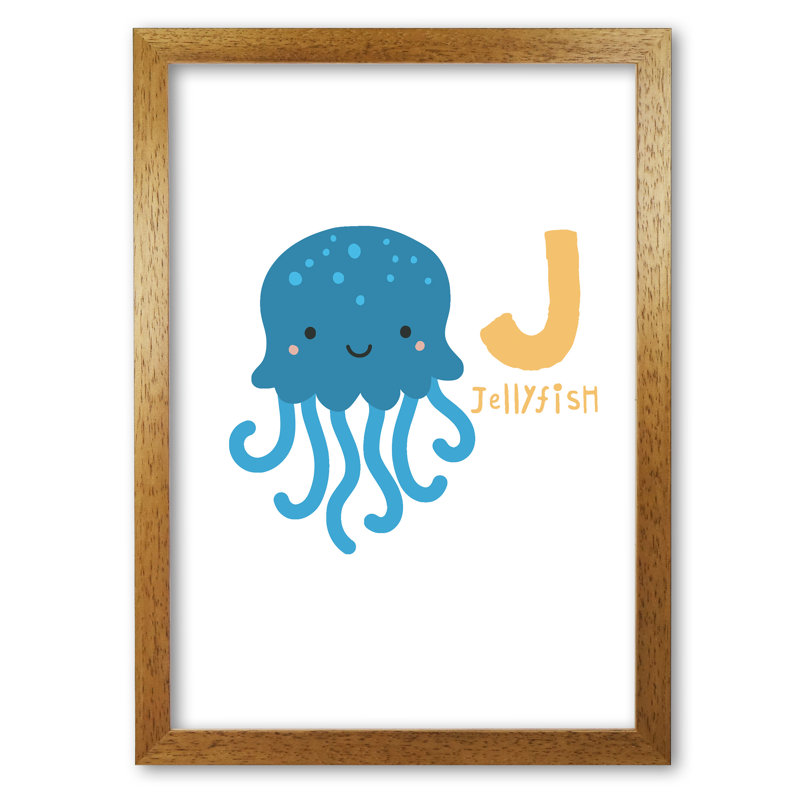 Alphabet Animals, J Is For Jellyfish - No Frame Print, 30 cm H x 21 cm W x 5 cm D, Honey Oak Frame
