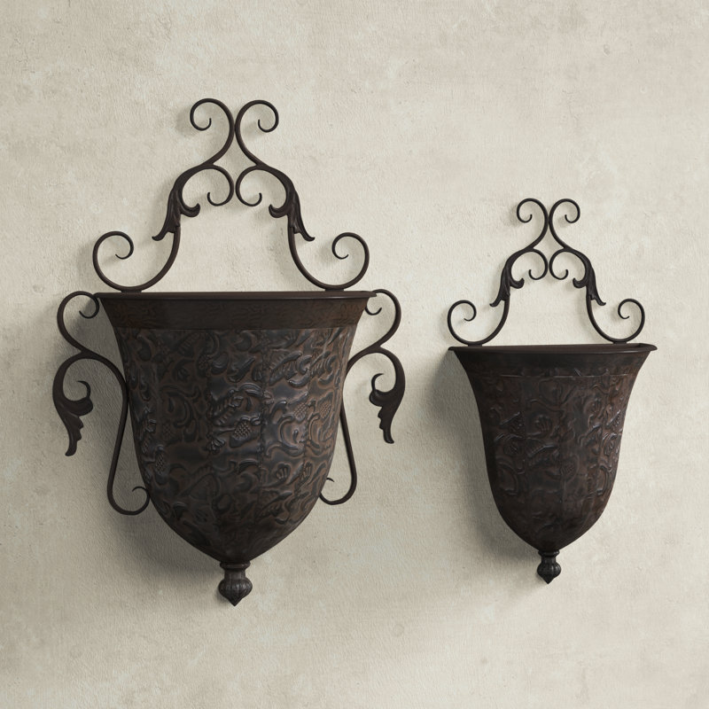 Antique Copper Scrollwork Iron Wall Planters Set of 2