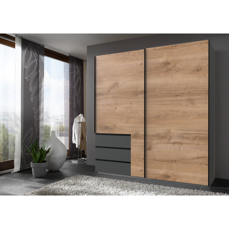 Guardino 2 Door Wardrobe, 236cm H x 200cm W x 65cm D, Graphite/Plank Oak