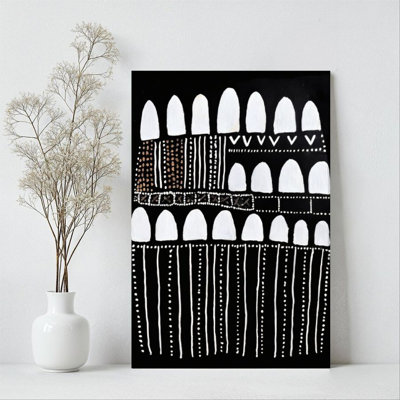 1Pc Framed Canvas Poster Print Abstract geometric patterns, black and white dot line decoration, primitive tribal style Wall Decor, Perfect for Room D