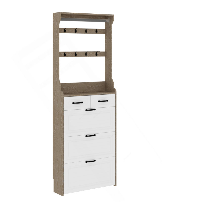 NEW OAK Color Shoe Cabinet  With 3 Doors 2 Drawers With Hanger,Large Space For Storage, White/Oak