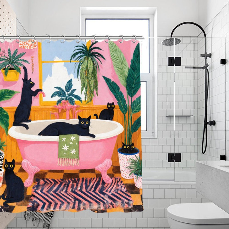 Rideaux de douche noirs chats et baignoire, 71 x 71