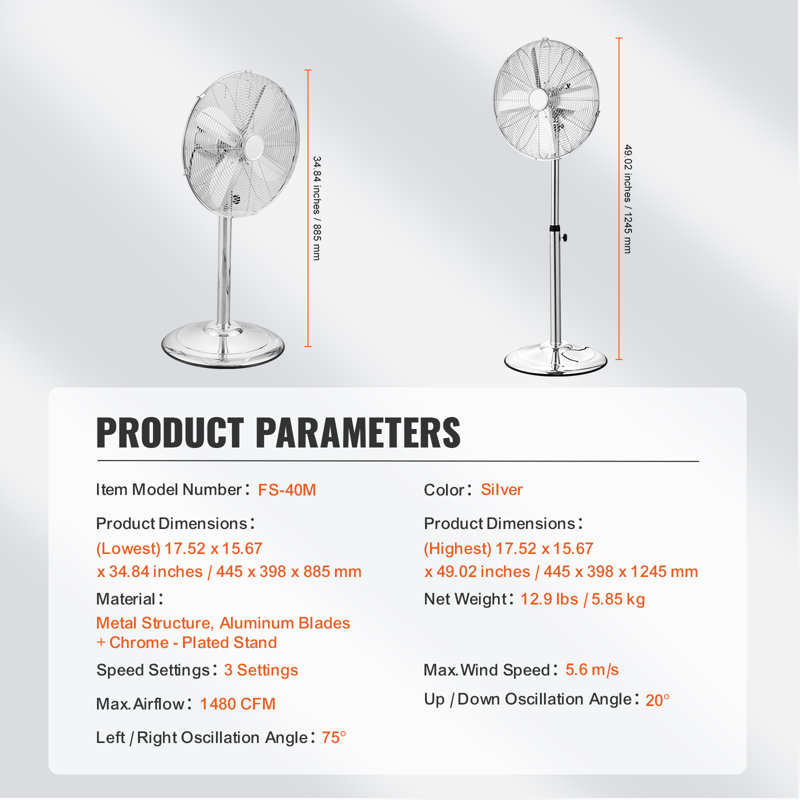 Industrial Pedestal Fan, 16 Inch 75-Degree Oscillating Fan, Height Adjustable Standing Fans with 3 Adjustable Speeds, High Power Floor Fans for Office, Silver