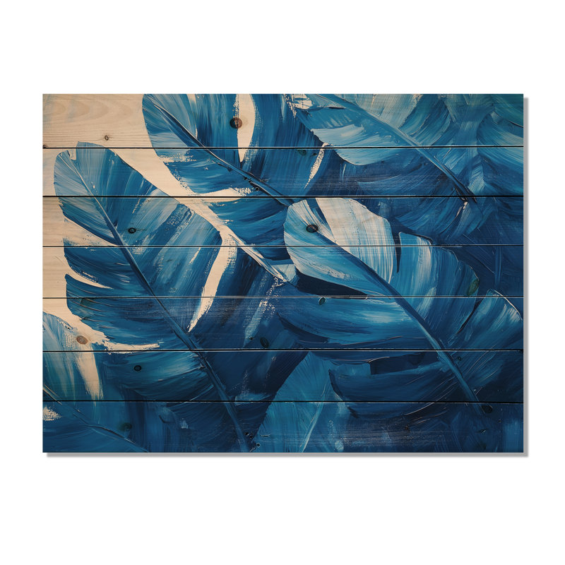 Palmiers en velours bleu harmonie II - palmiers et palmiers, décoration murale en bois - sur bois de pin naturel