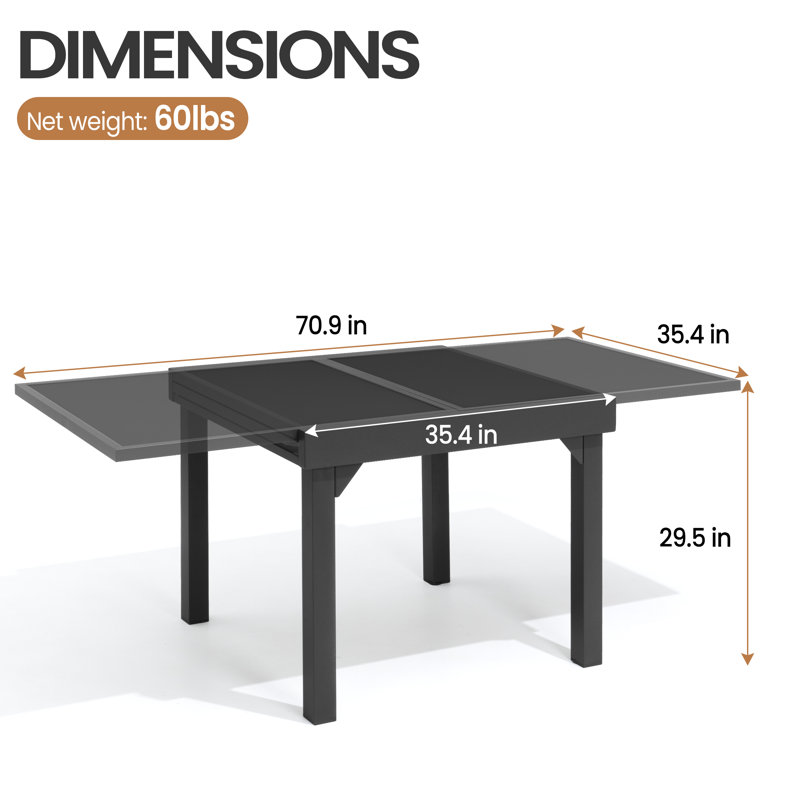 Dark Gray Extendable Aluminum and Glass Outdoor Dining Table