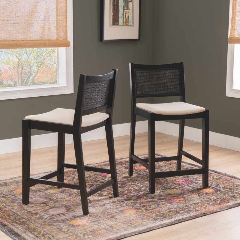 Lummie 19" W Square Upholstered Stool with Cane Back , Counter Stool (25.25" Seat Height), Black
