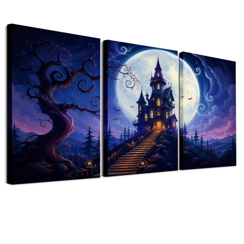 Haunted Mansion Under Full Moon with Halloween, ensemble de 3 toiles d'art, H 30 po x l 20 po x 3 pièces