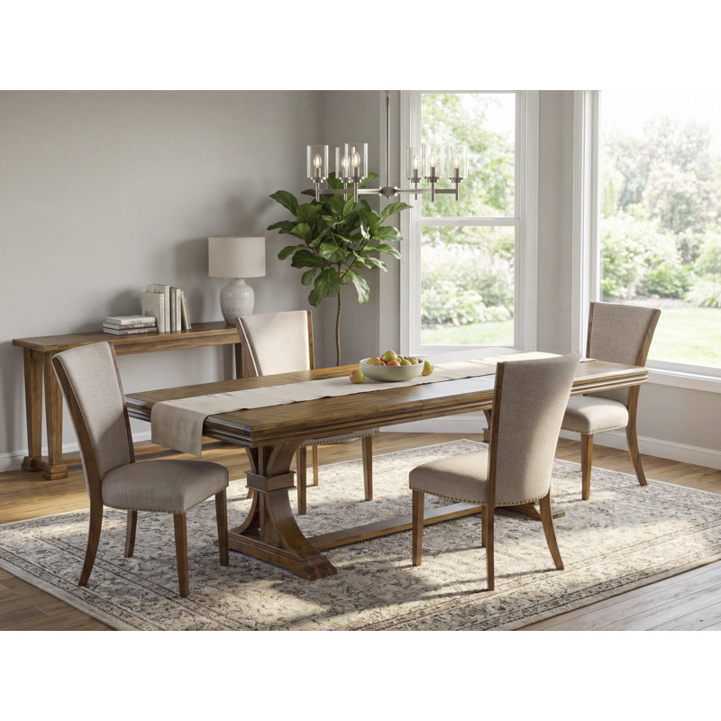 L'ensemble de table de cuisine 5 pièces comprend une table de salle à manger et 4 chaises de salle à manger en tissu de lin brun clair avec dossier capitonné - Finition noyer antique