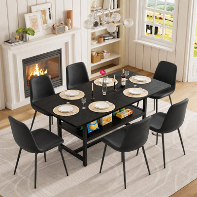 7-Piece 71" Modern Rectangular Wood Dining Table Set with Storage Shelf and Upholstered Chairs
