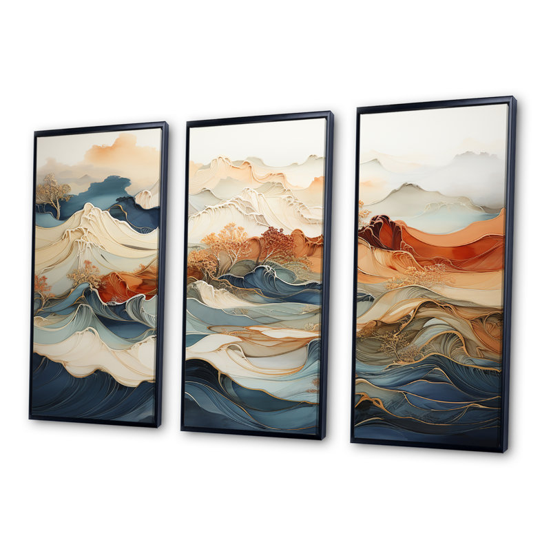 Abstrait orange et bleu, rivière bleue, encre III, ensemble d'art sur toile marbrée, H 28 po x l 36 po x P 1 po